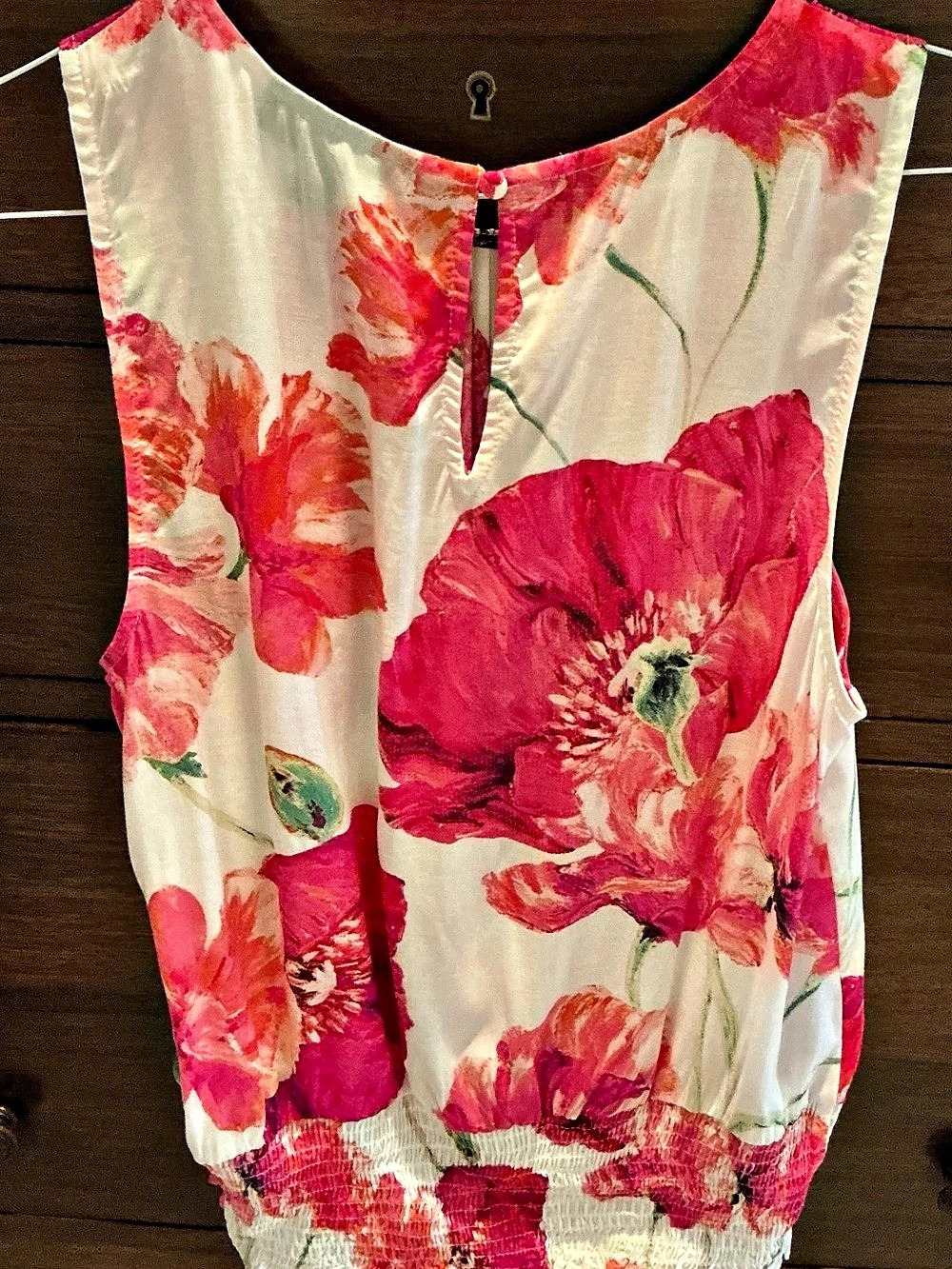 INC International Concepts Floral-Print Smocked Sleeveless Top Pink & Cream Medi